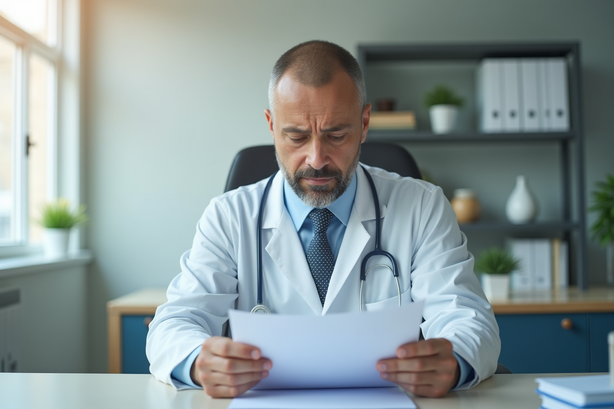 Médecin préoccupé regardant un dossier patient dans un bureau lumineux