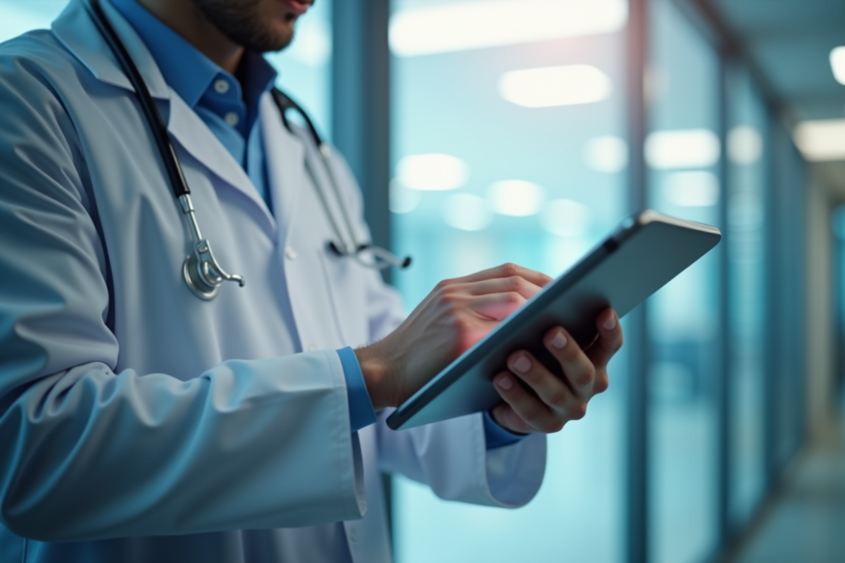 Médecin se connectant à une plateforme santé sur une tablette