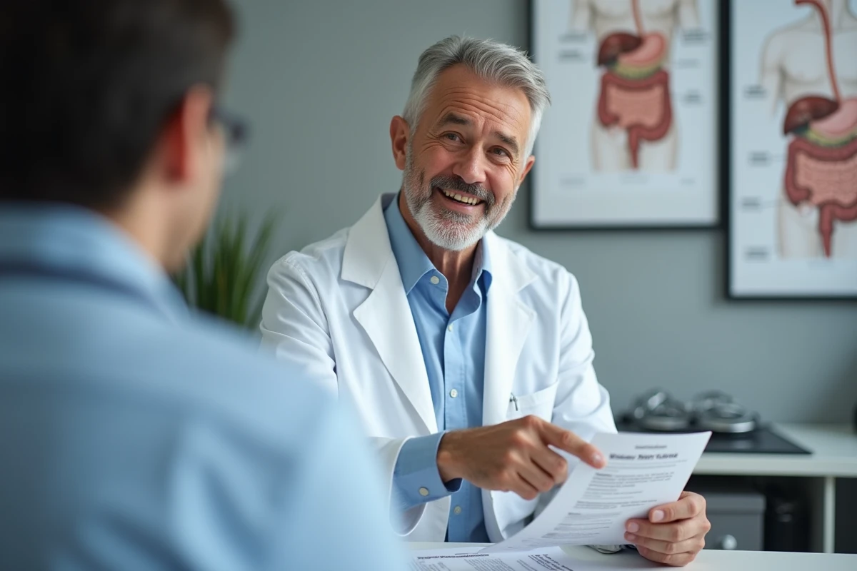 Médecin gastro-entérologue expliquant comment choisir un probiotique adapté au syndrome de l'intestin irritable lors d'une consultation