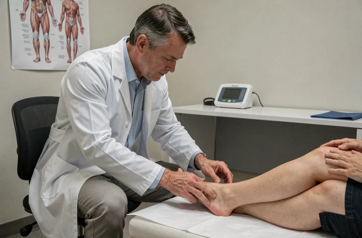 Médecin examinant le pied d'un patient en consultation pour des problèmes de circulation sanguine et brûlures