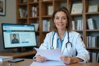 Médecin généraliste consultant un profil médical sur une fiche imprimée dans son cabinet