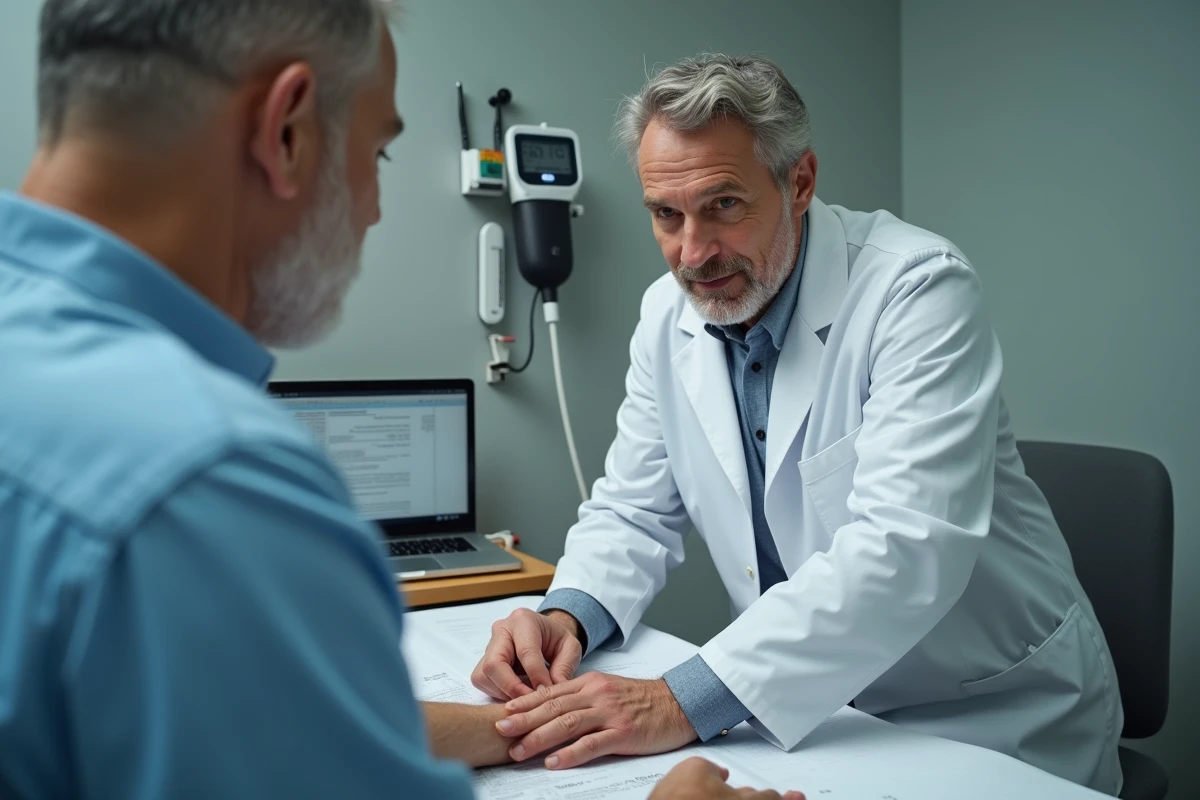 Médecin palpant la zone des côtes flottantes d'un patient lors d'un examen clinique
