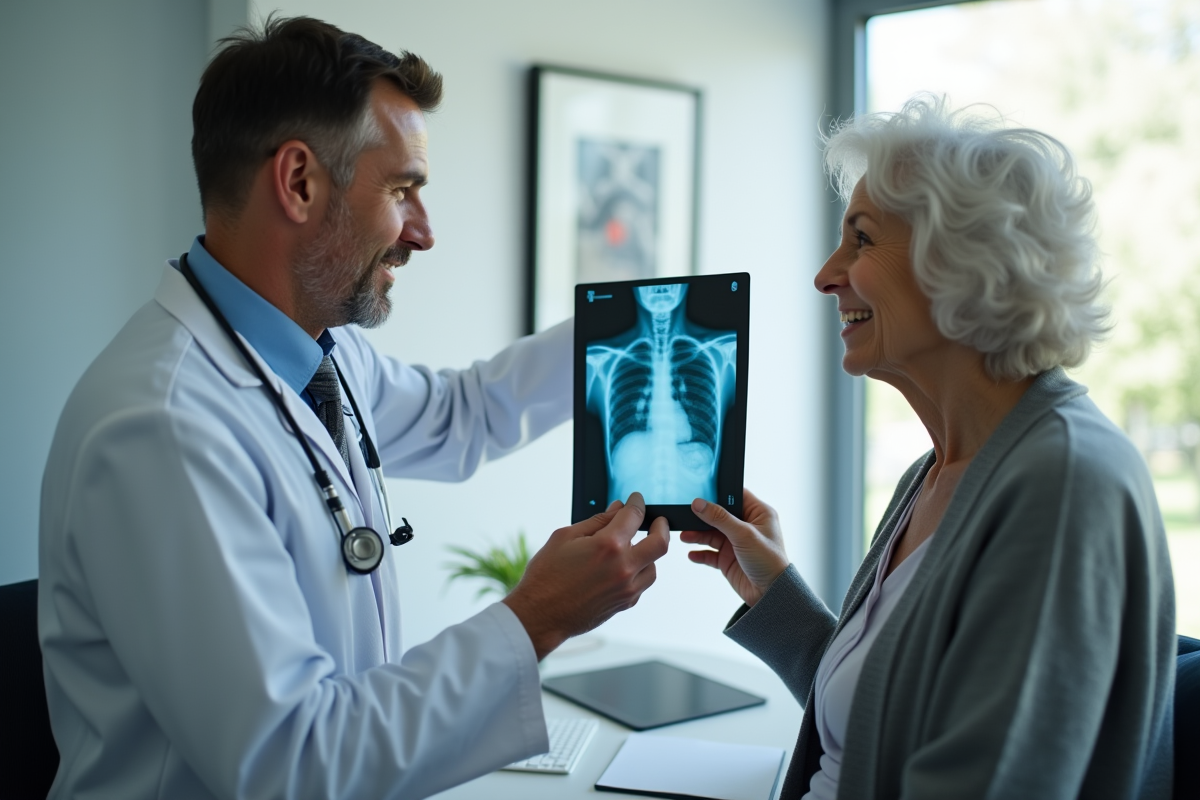 Medecin expliquant un rayon X du coeur à une patiente âgée