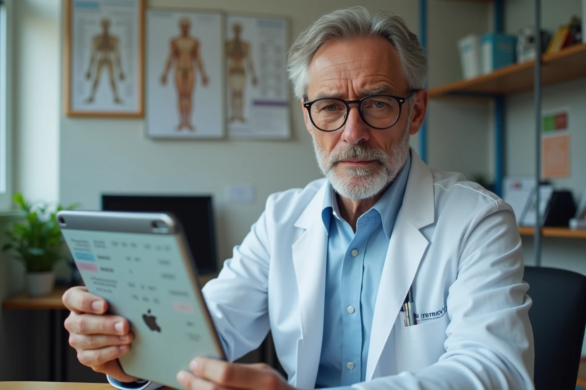 Médecin généraliste consultant les valeurs TCMH sur une tablette médicale lors d'une interprétation d'hémogramme