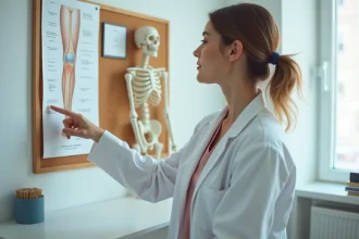 Médecin pointant son genou lors d'une consultation médicale illustrant un parti du corps en K