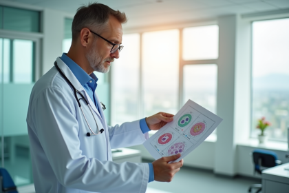 Medecin dans un hôpital moderne avec diagramme sur cellules