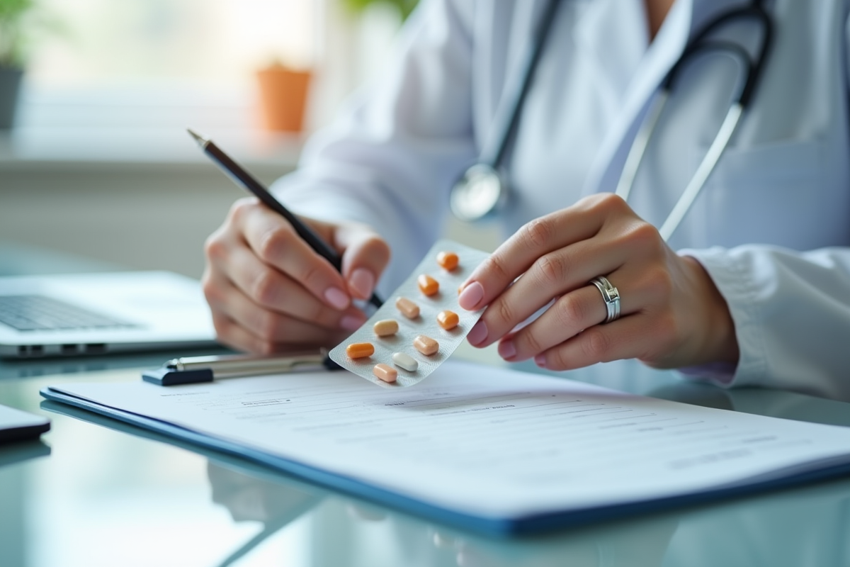 Médecin tenant un pack de pilules antibiotiques dans un cabinet lumineux