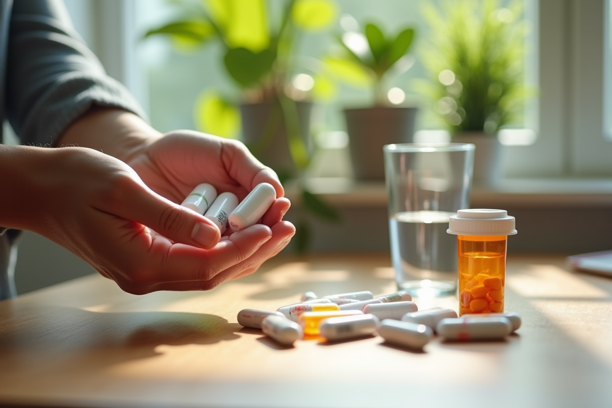 Mains tenant des médicaments avec une plante verte en arrière-plan