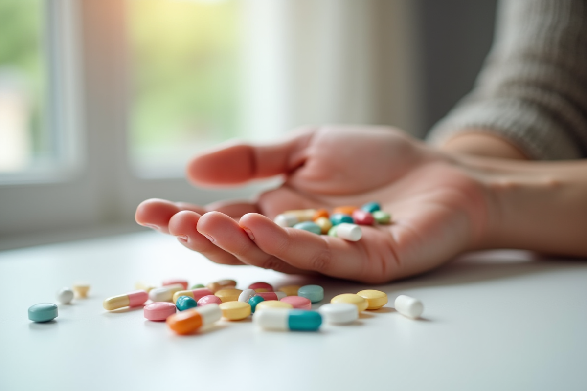 Main d'une personne âgée tenant des médicaments colorés