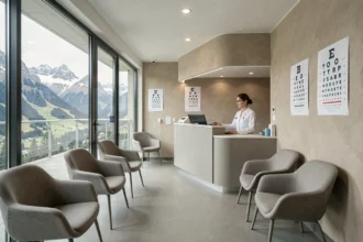 Salle d'attente moderne d'un cabinet ophtalmologique en Haute-Savoie avec vue sur les montagnes