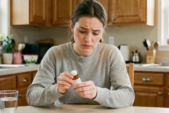 Mère lisant attentivement la notice d'un médicament pour enfant avant administration d'ibuprofène ou tramadol