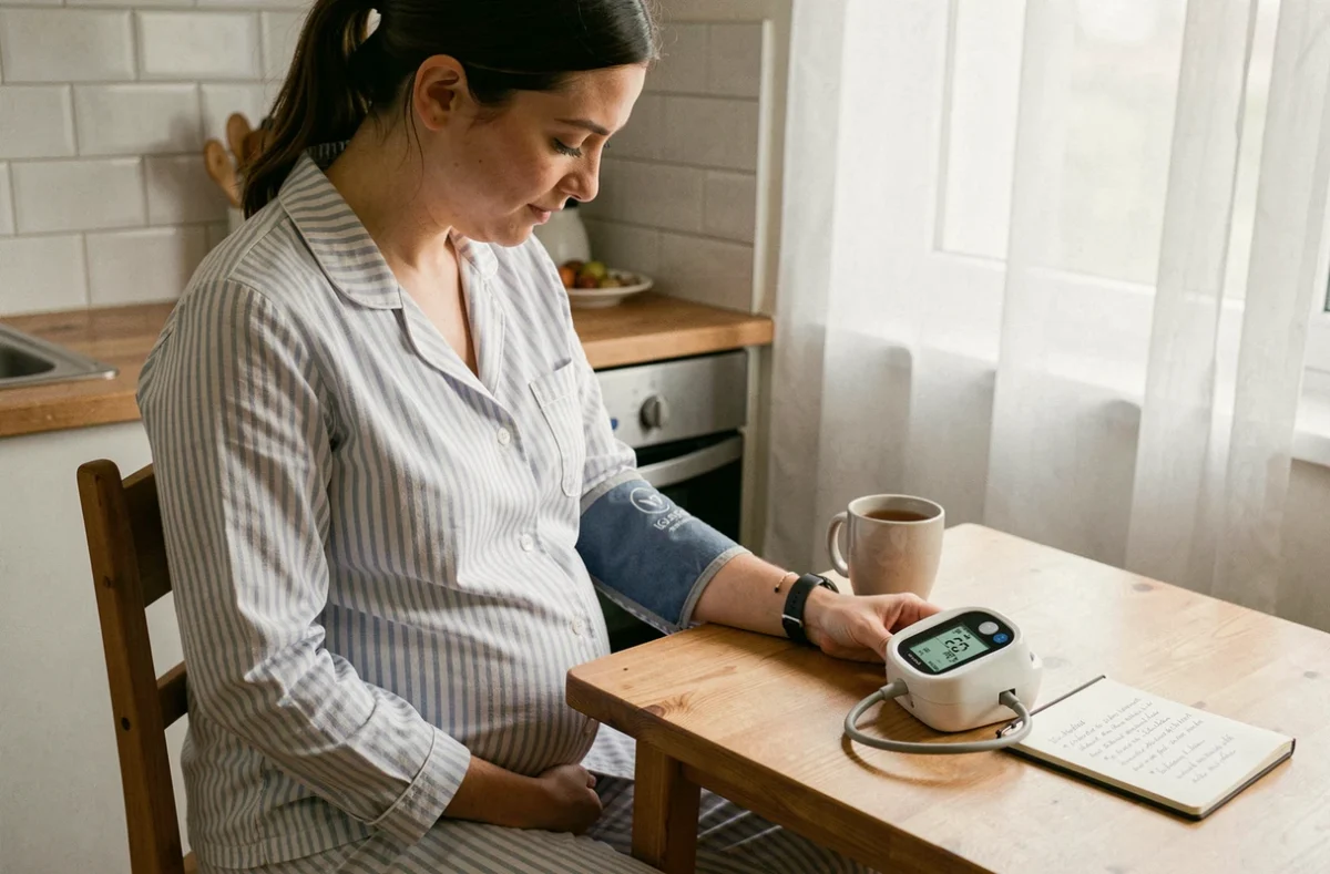 Femme enceinte mesurant sa tension artérielle au poignet le matin à la cuisine en respectant la bonne posture