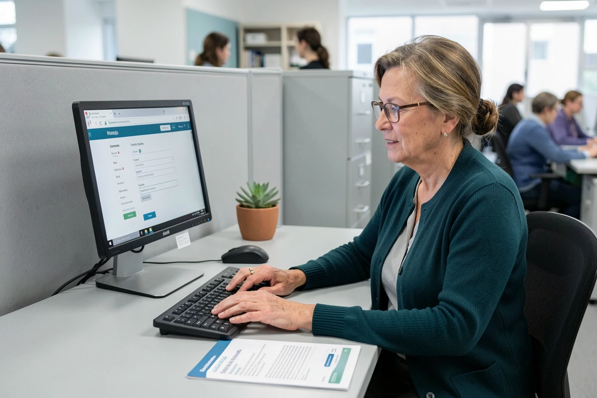 Femme senior mettant à jour ses coordonnées de contact sur Laboconnect dans un bureau médical