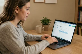 Femme mettant à jour son adresse mail sur un portail médical Laboconnect depuis son bureau à domicile