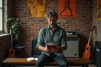 Musicien en studio entouré de guitares et posters Louise Attaque