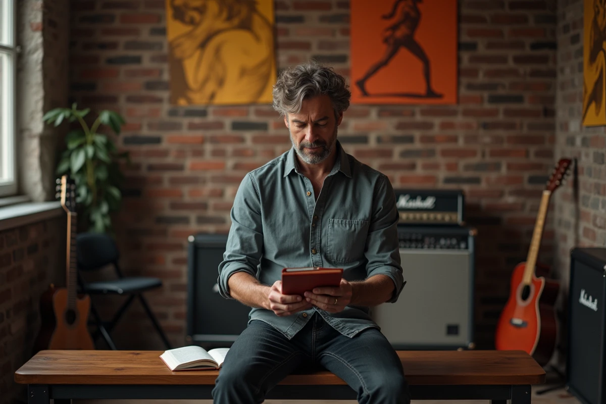 Musicien en studio entouré de guitares et posters Louise Attaque