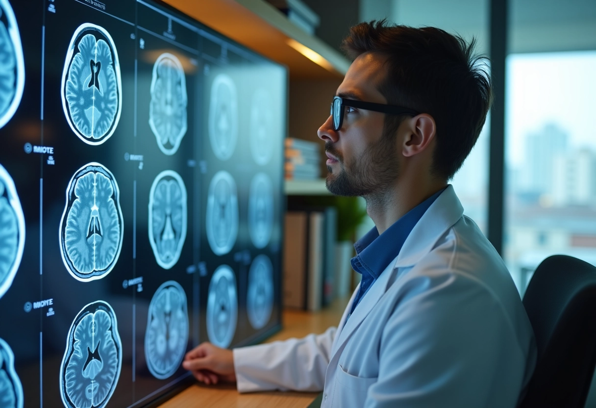 Jeune neurologue examinant des scans d