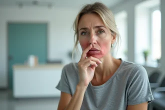 Femme adulte en salle d'attente médicale touchant sa lèvre inférieure enflée, symptôme d'un oedème de Quincke