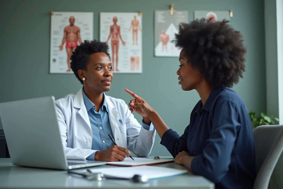 Patiente adulte montrant son oedème de Quincke à la lèvre à un médecin lors d'une consultation médicale