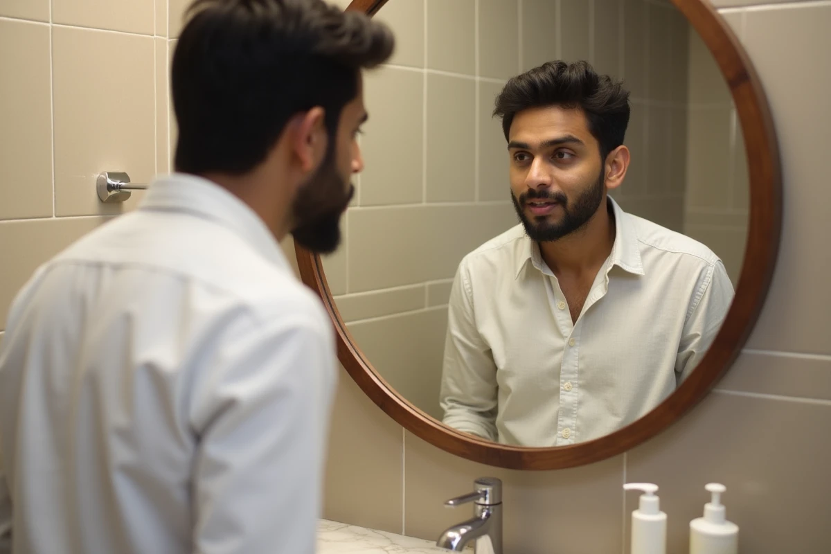 Homme adulte observant son oedème de Quincke à la lèvre supérieure dans un miroir de salle de bain
