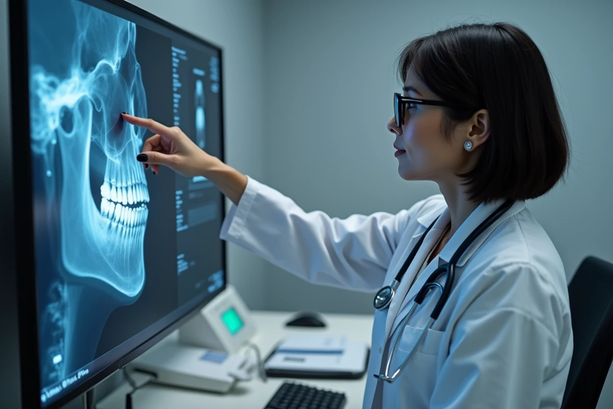 Oncologue femme analysant un scanner numérique de la mâchoire dans une salle de radiologie hospitalière