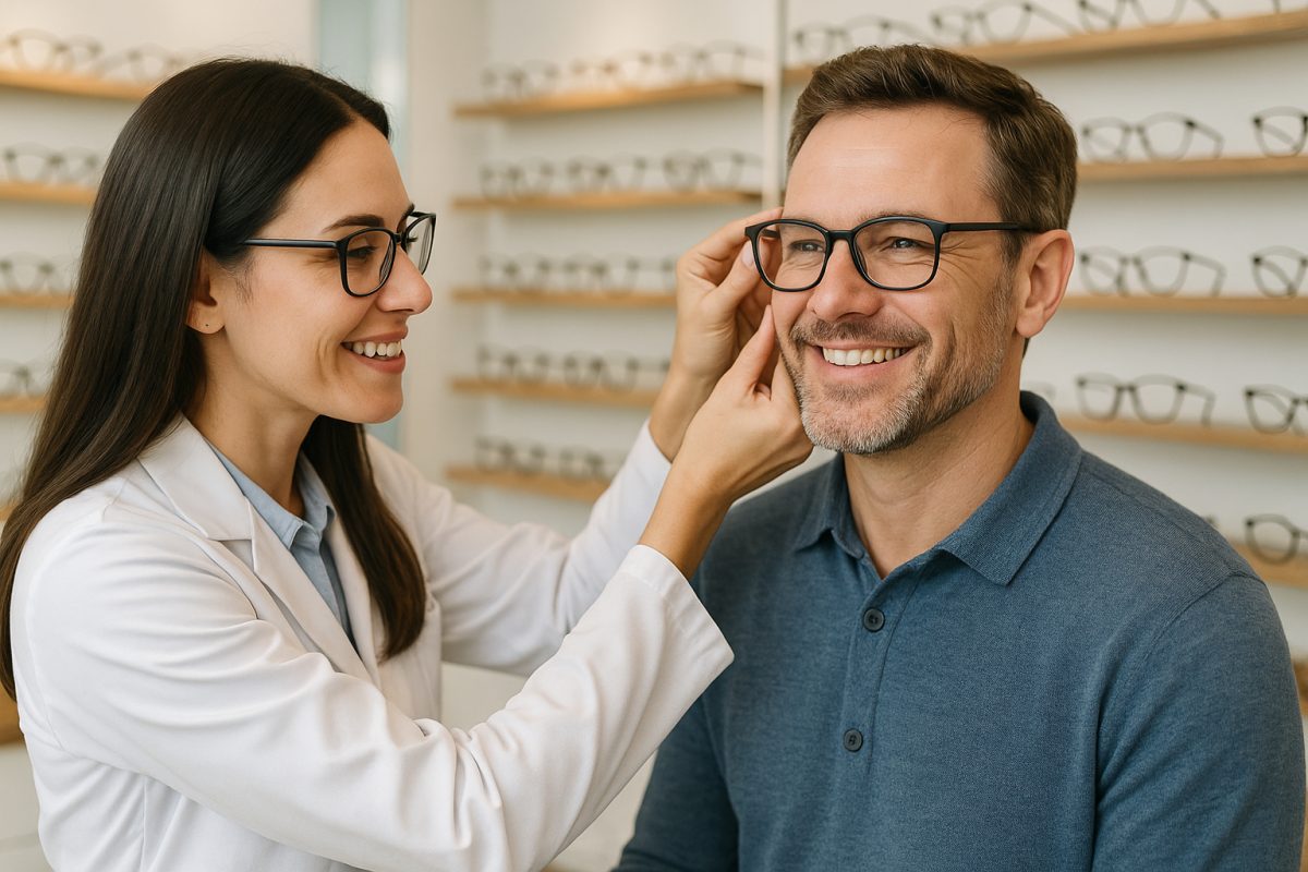 Opticien ajustant des lunettes sur un client souriant dans un magasin moderne