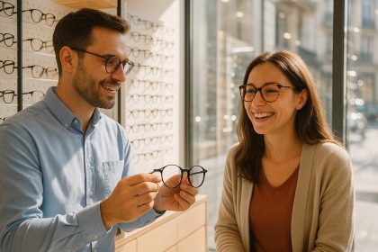 Opticien souriant aidant un client dans une boutique moderne