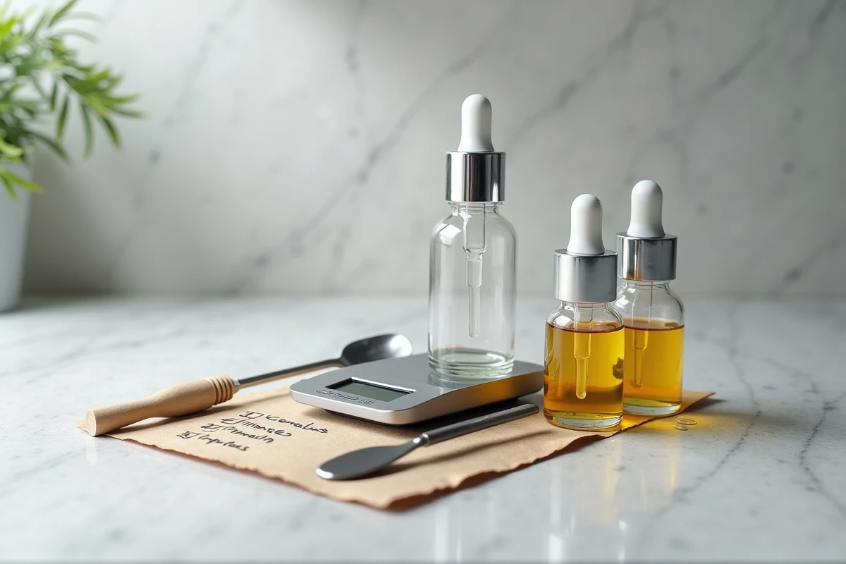 Outils et flacons nécessaires à la préparation d'un sérum cosmétique posés sur un plan de travail en pierre grise