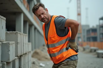 Ouvrier du bâtiment souffrant de douleurs lombaires sur un chantier de construction, illustrant la discopathie chez les travailleurs physiques