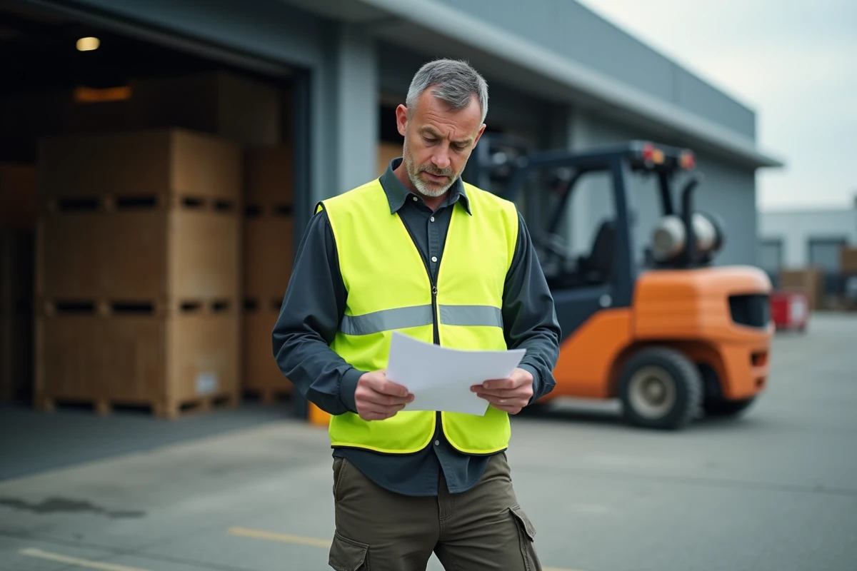 Ouvrier en gilet de sécurité lisant un document officiel devant un entrepôt industriel après un accident du travail