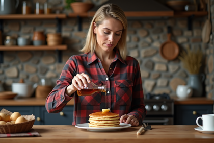Femme versant sirop d'érable sur des pancakes dans une cuisine chaleureuse