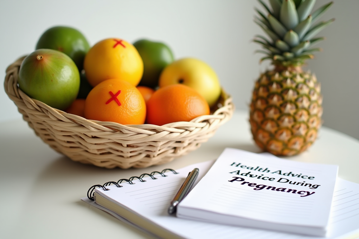 Panier de fruits colorés avec un carnet conseils grossesse