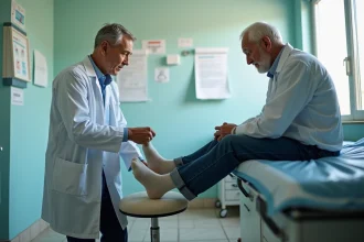 Homme age diabetique examine son talon par un professionnel