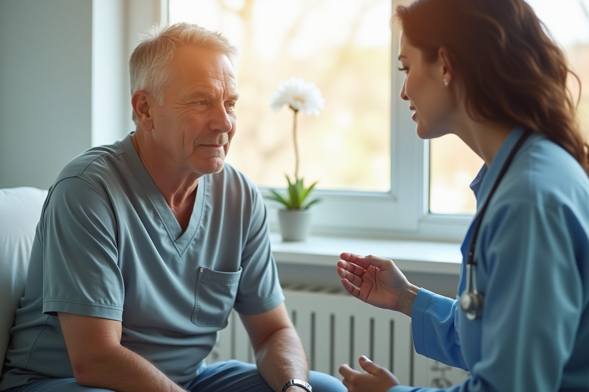 Patient discutant traitement avec un professionnel de santé en clinique ensoleillee