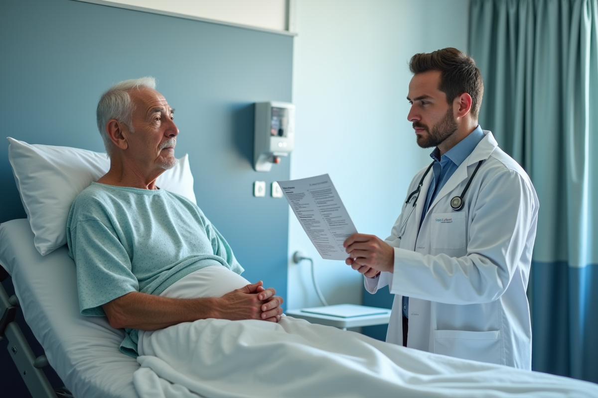 Patient âgé en lit avec médecin expliquant la prévention