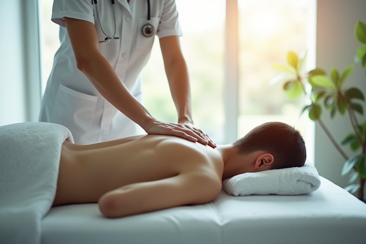Patient allongé sur une table de massage dans une clinique moderne