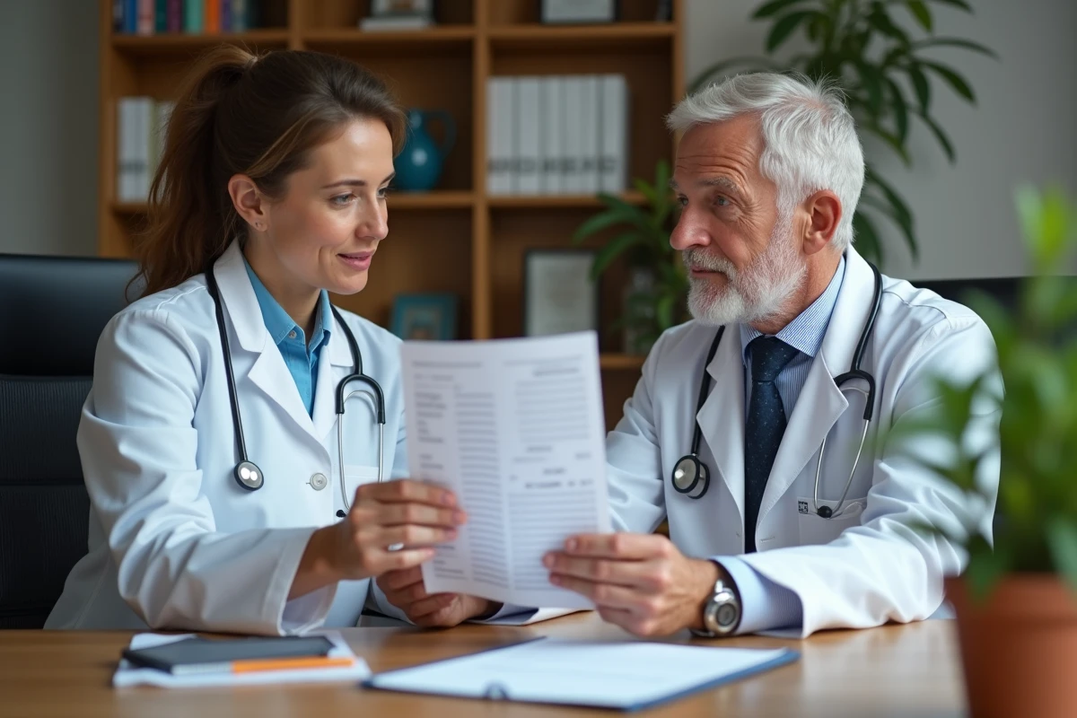 Patient discutant de résultats d'analyses sanguines élevées avec son médecin généraliste dans un cabinet médical