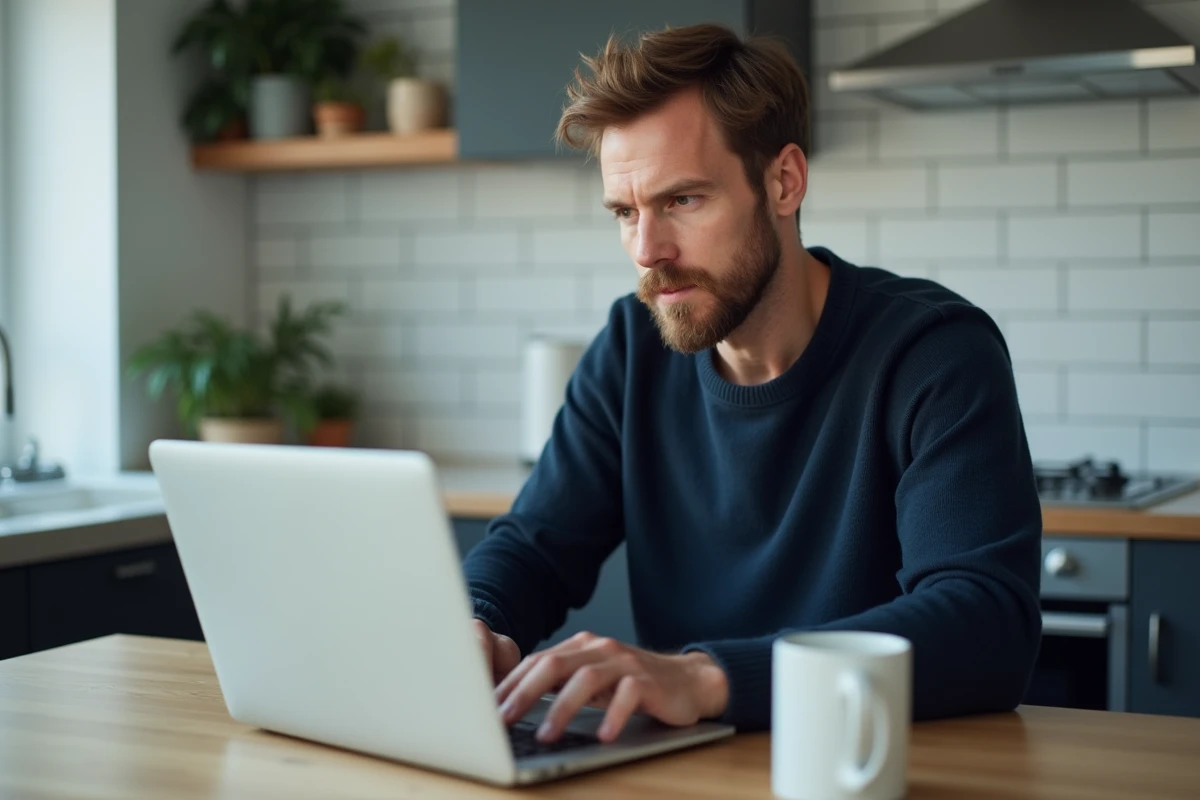 Homme consultant le profil d'un médecin sur un site de santé en ligne depuis chez lui