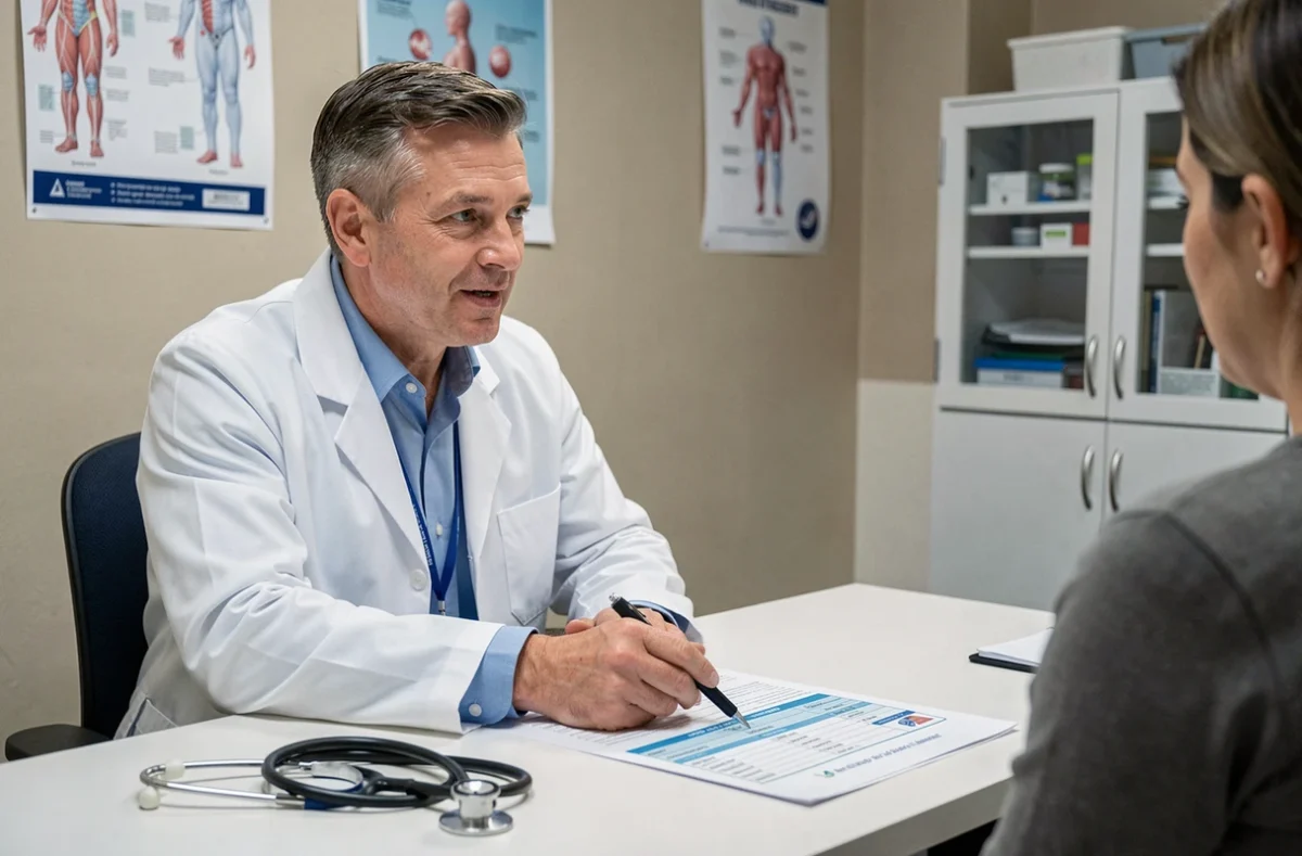 Pédiatre expliquant les précautions de dosage entre ibuprofène et tramadol lors d'une consultation médicale