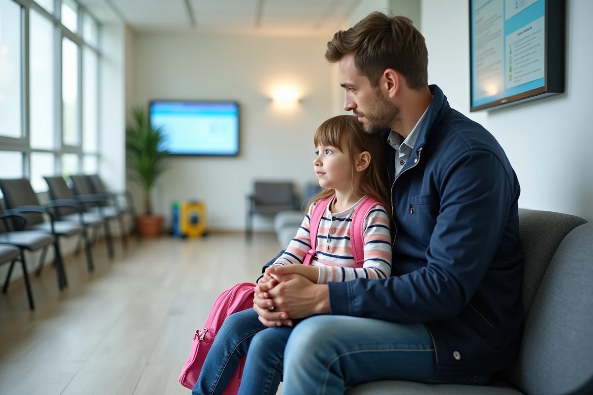 P&egrave;re jeune tenant la main de sa fille dans la salle d