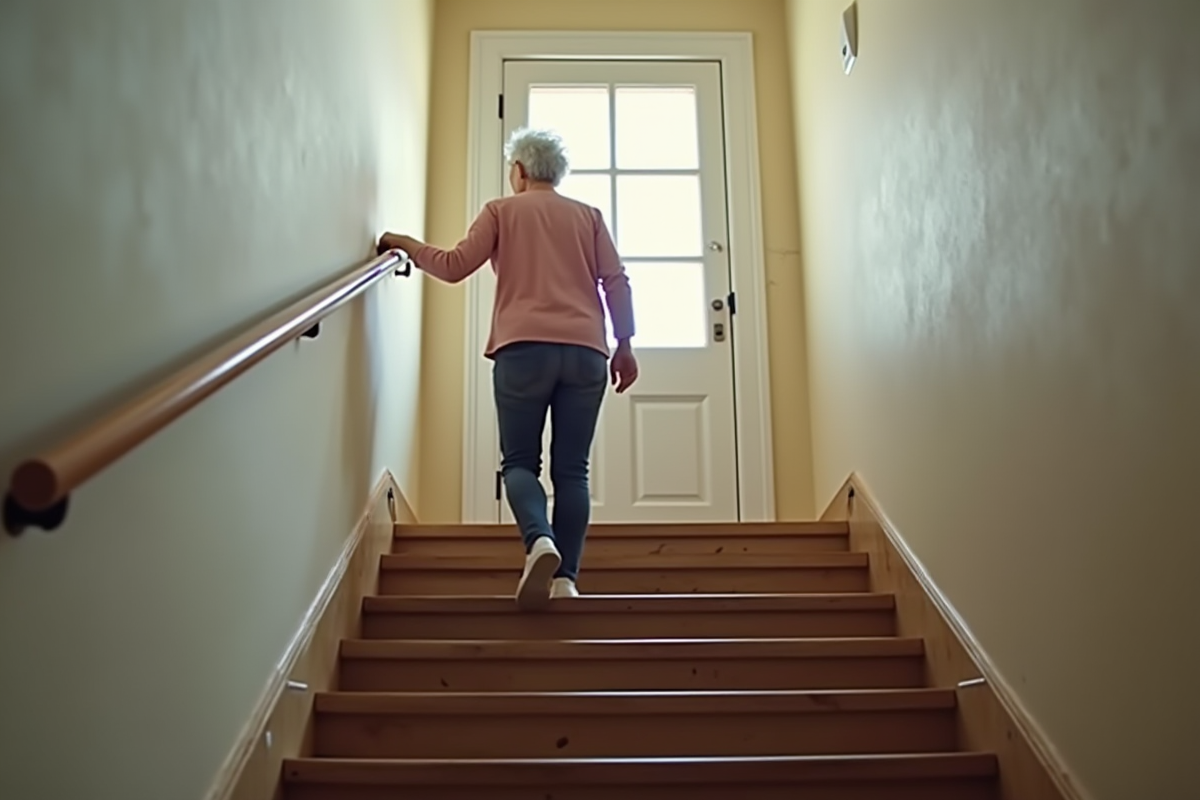Femme agee utilisant la rampe pour descendre l'escalier