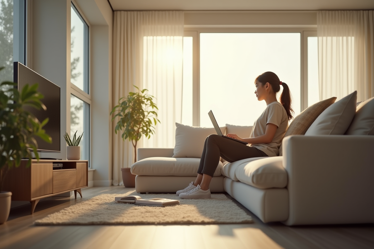 Personne assise dans un salon lumineux sur un canapé moderne