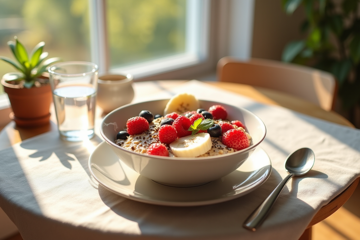 Petit déjeuner avec bol d'avoine et fruits frais