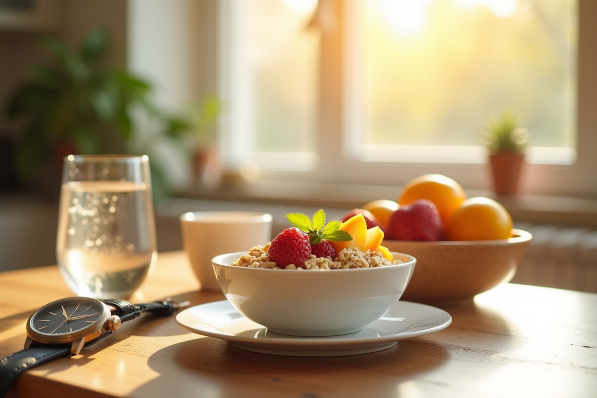 Petit déjeuner sain avec bol de flocons et fruits frais
