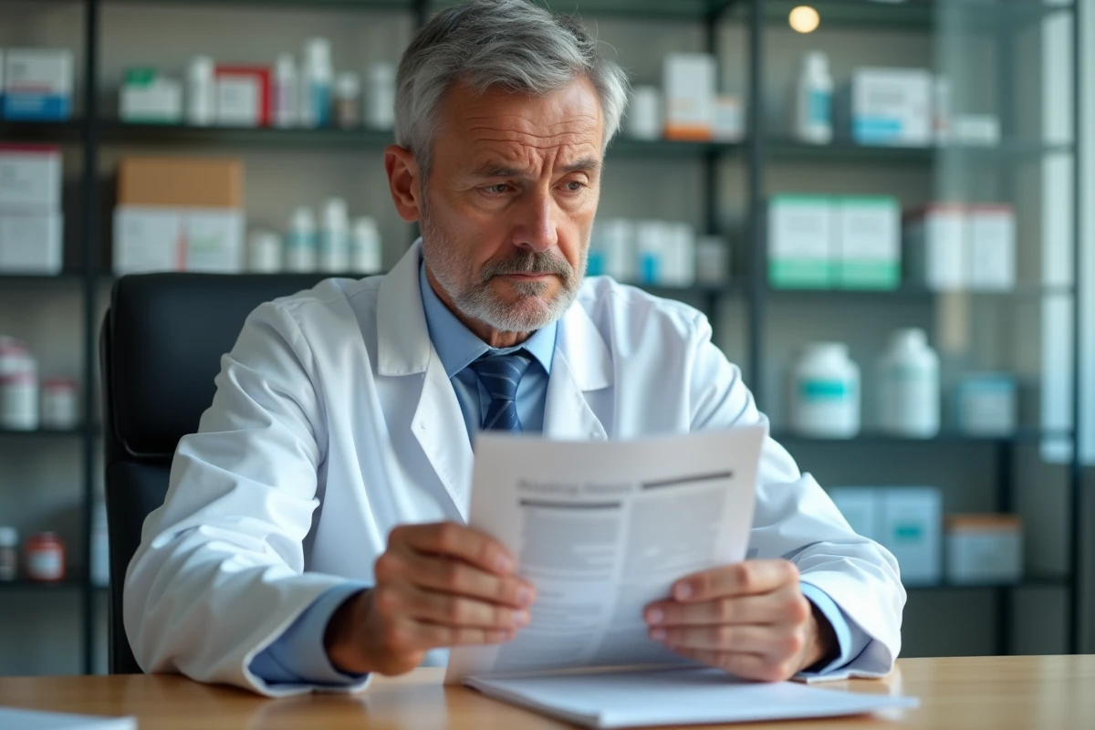 Pharmacien homme en blouse blanche examine un dossier médical