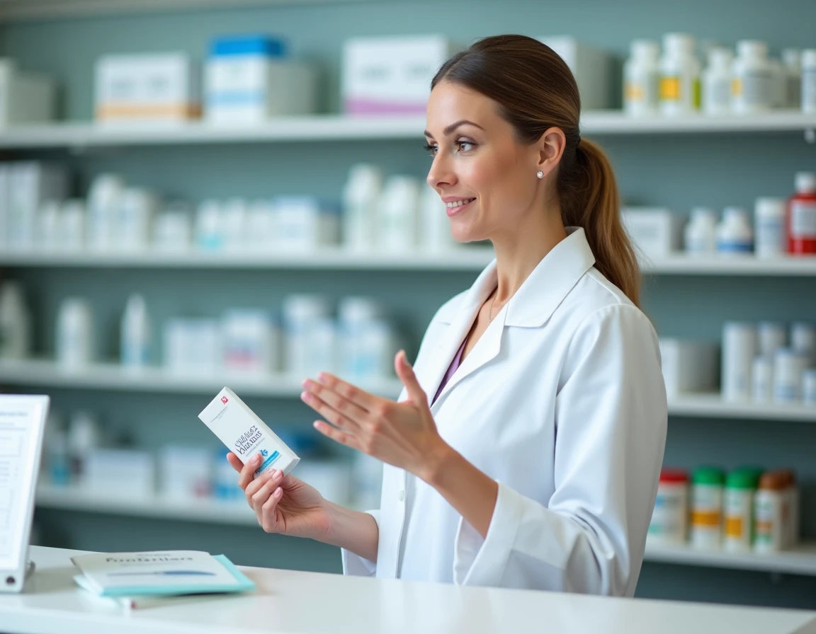 Pharmacienne experte présentant un produit Indiva System en officine, conseil professionnel