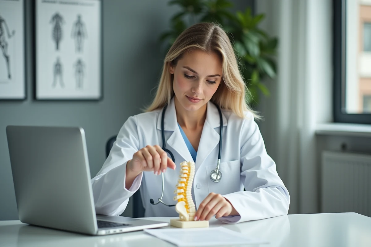 Physiothérapeute expliquant la discopathie à l'aide d'un modèle anatomique de la colonne vertébrale dans une clinique de rééducation