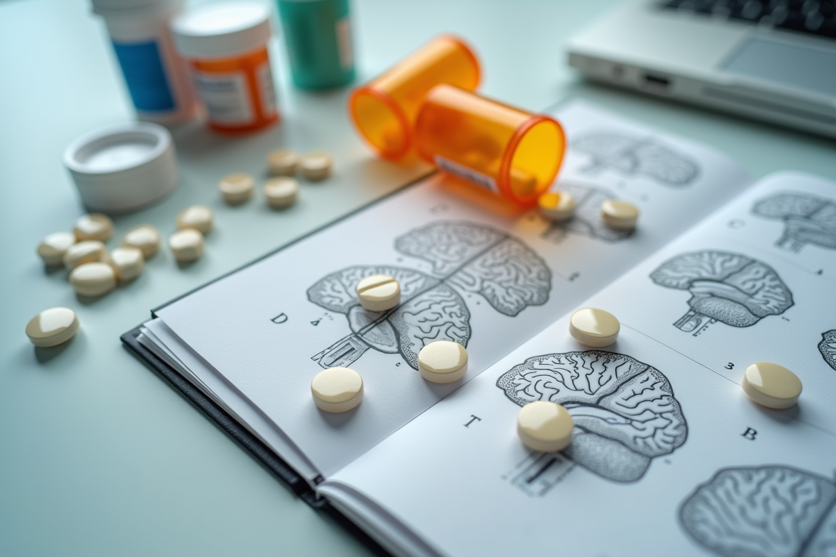 Bouteilles de médicaments et journal médical avec diagrammes du cerveau