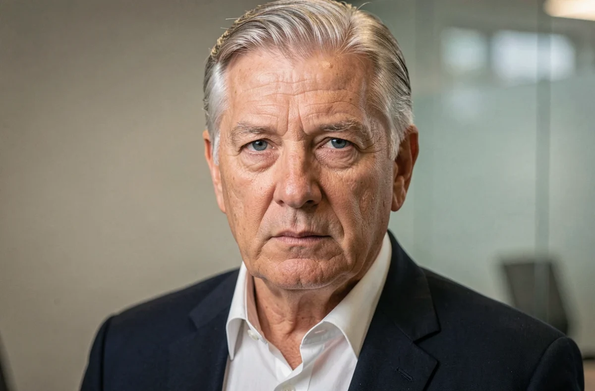 Portrait serré d'un homme distingué aux cheveux argentés en costume sombre regardant droit dans l'objectif, expression honnête et posée, illustrant une déclaration publique de transparence sur l'état de santé