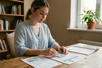 Jeune femme organisant ses documents administratifs pour une première demande de carte Vitale à son bureau à domicile